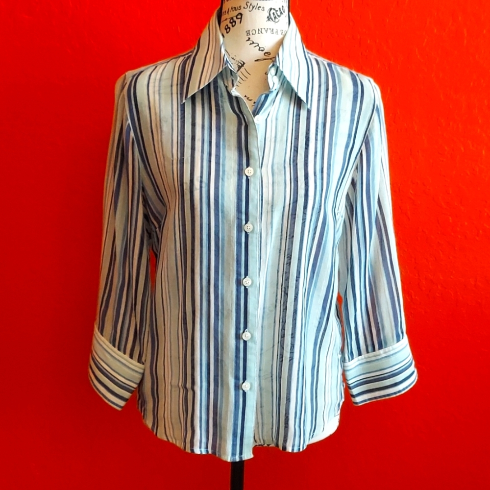 Tommy Hilfiger Turquoise Striped Linen Button Down Blouse Size Medium